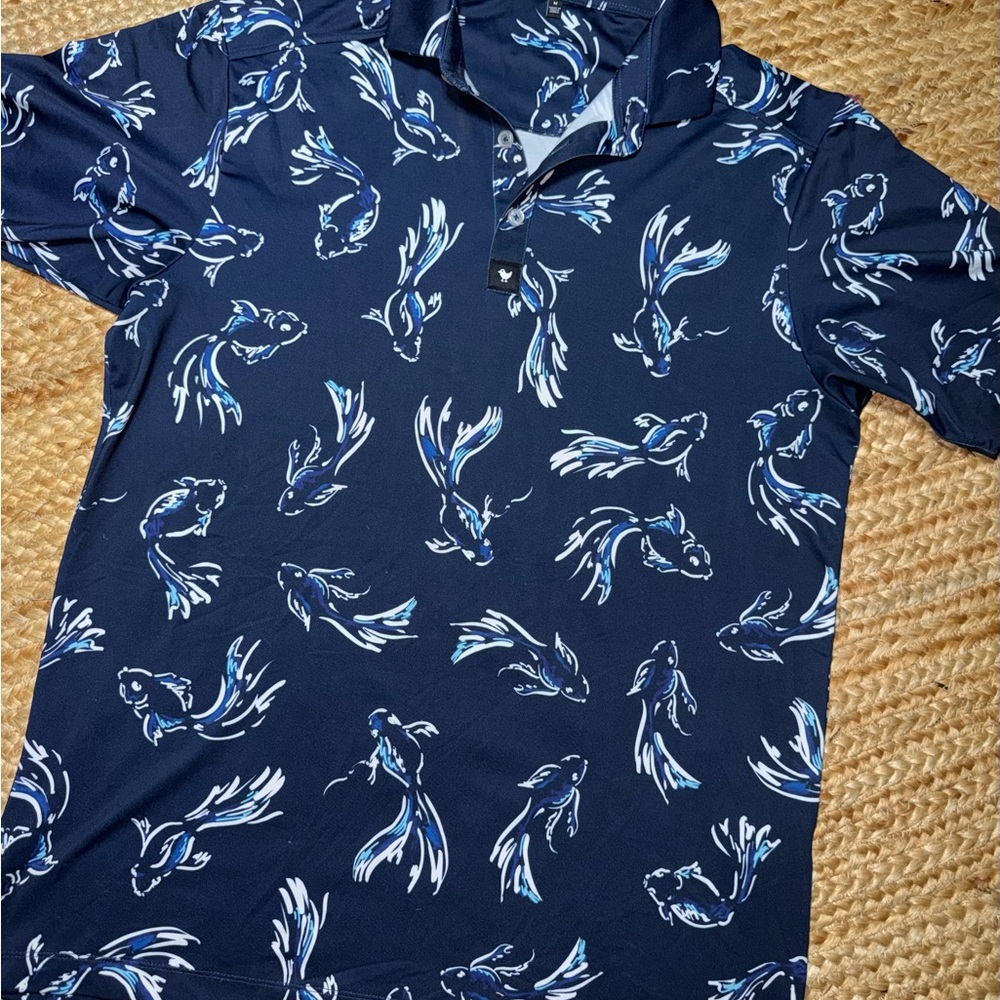 Bad Birdie Navy Blue Fish Print Polo